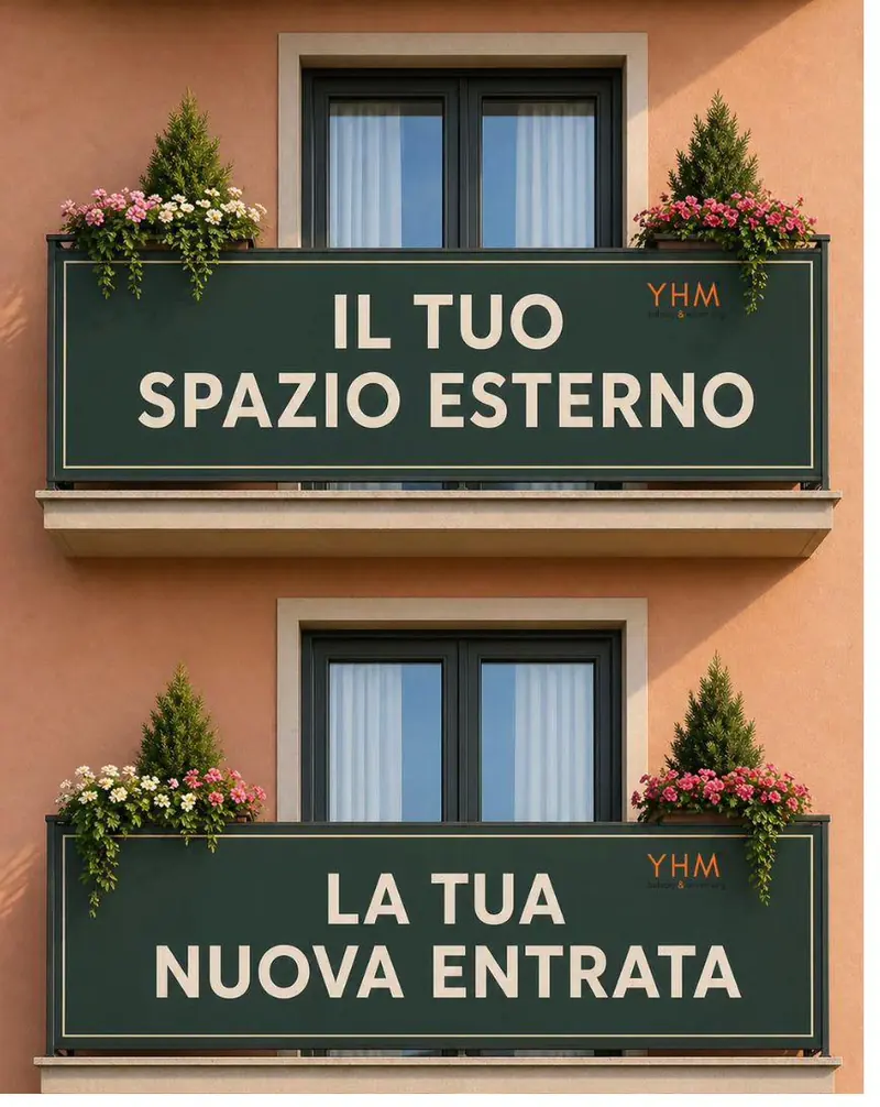 Due balconi con allestimenti verdi e fioriere su facciata rosa