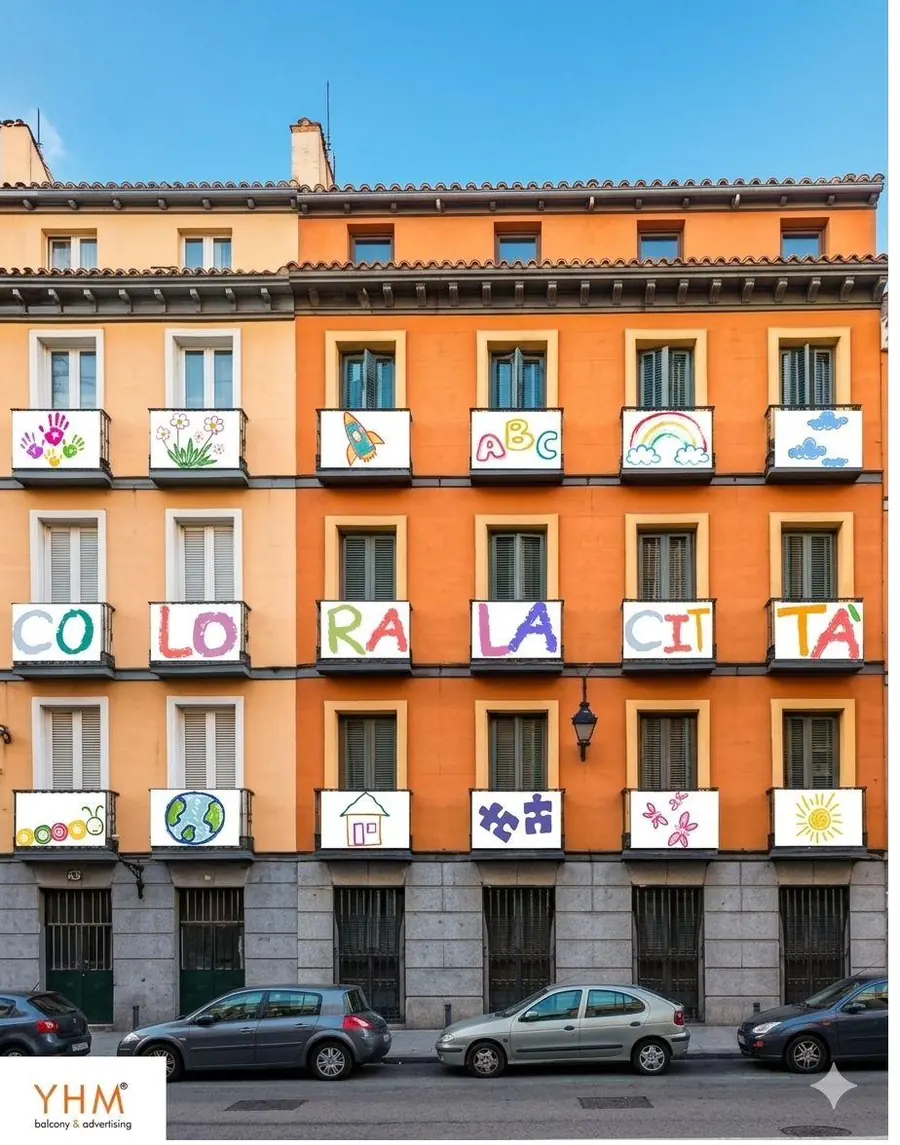 Pannelli colorati sulle finestre di un intero palazzo che compongono una scritta