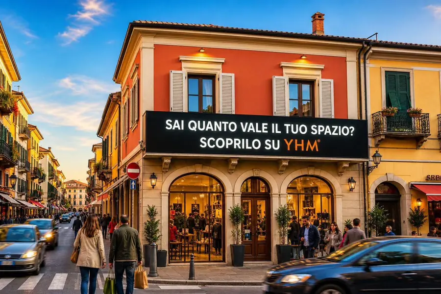 Insegna pubblicitaria sopra le vetrine di un edificio su strada commerciale
